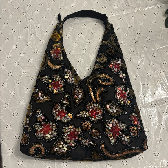 Y2K Embroidered Velvet Sequenced  Black Brown Multi Color Hobo Bag - Picture 1 of 14